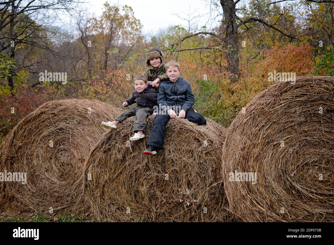 three boy brothers in the Autumn Stock Photo
