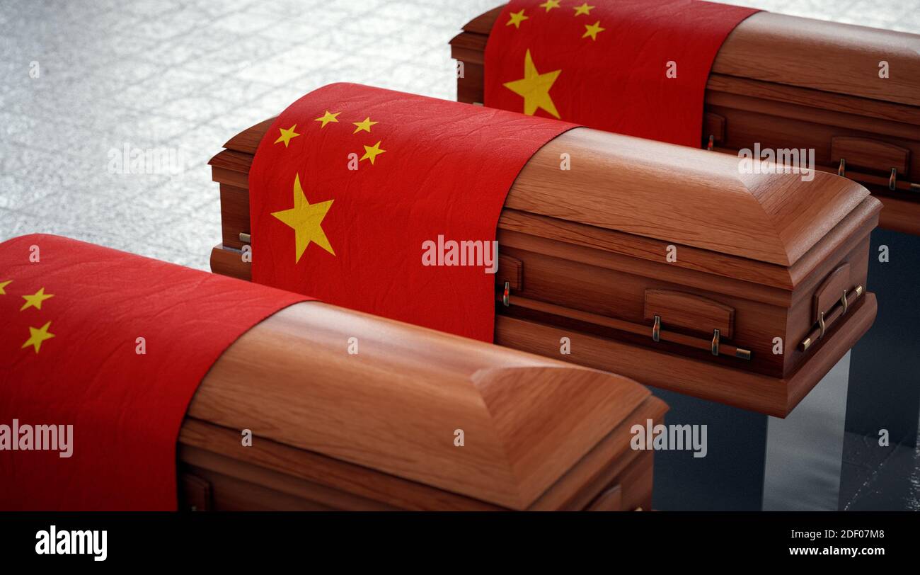 State funeral in China. Coffins in national pavilion. Stock Photo