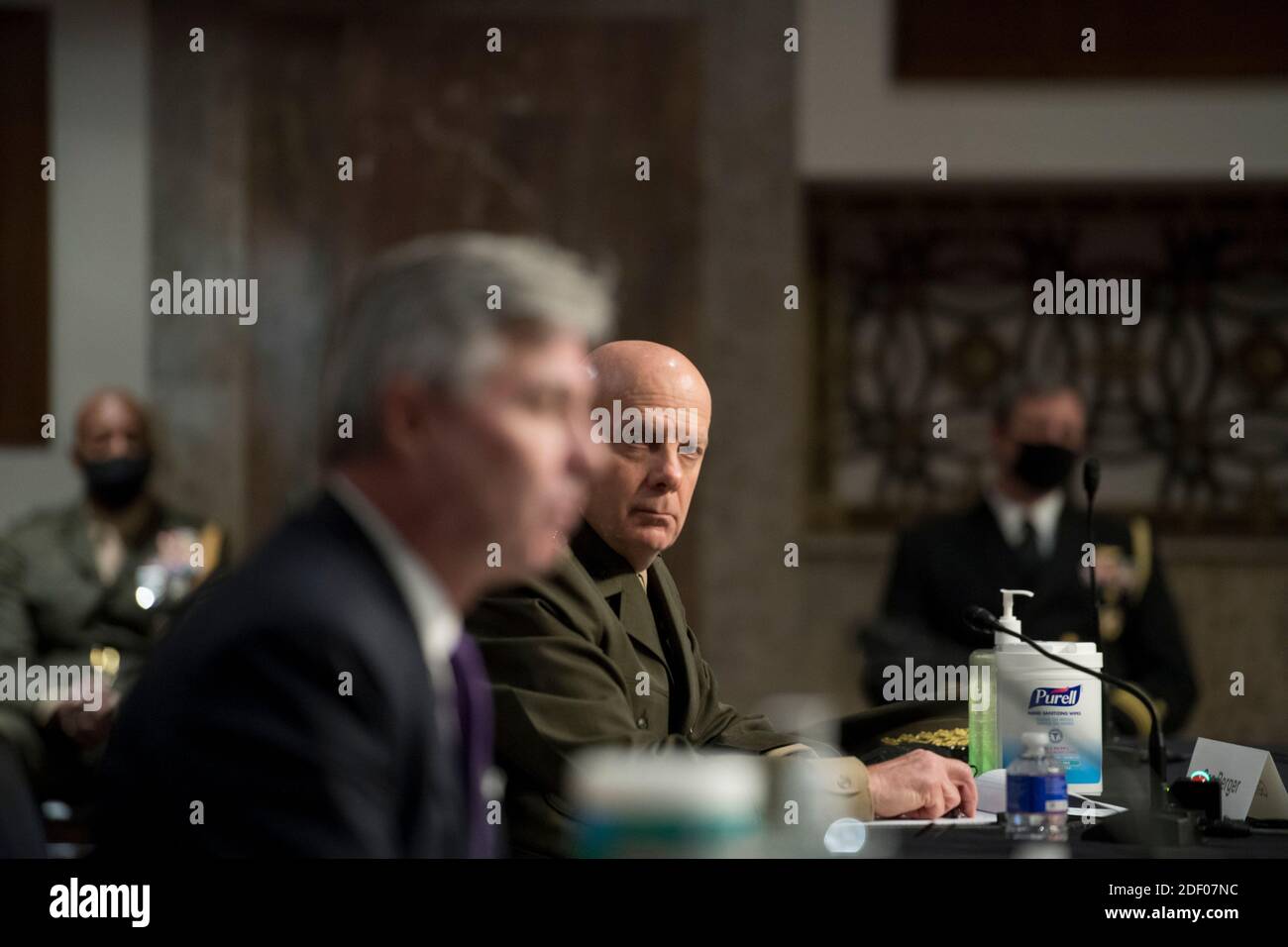 United States Marine Corps, Commandant of The Marine Corps General David H. Berger, right, looks on as Secretary Of The Navy Kenneth J. Braithwaite responds to questions during a Senate Armed Services Committee hearing to examine Navy and Marine Corps readiness, in the Dirksen Senate Office Building in Washington, DC., Wednesday, December 2, 2020. Credit: Rod Lamkey/CNP /MediaPunch Stock Photo