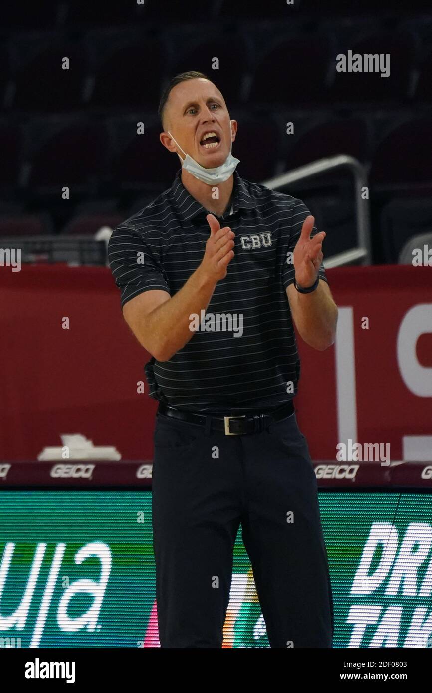 Cal Baptist Knights head coach Rick Croy reacts during an NCAA basketball game against the Southern California Trojans, Wednesday, Nov. 25, 2020, in L Stock Photo