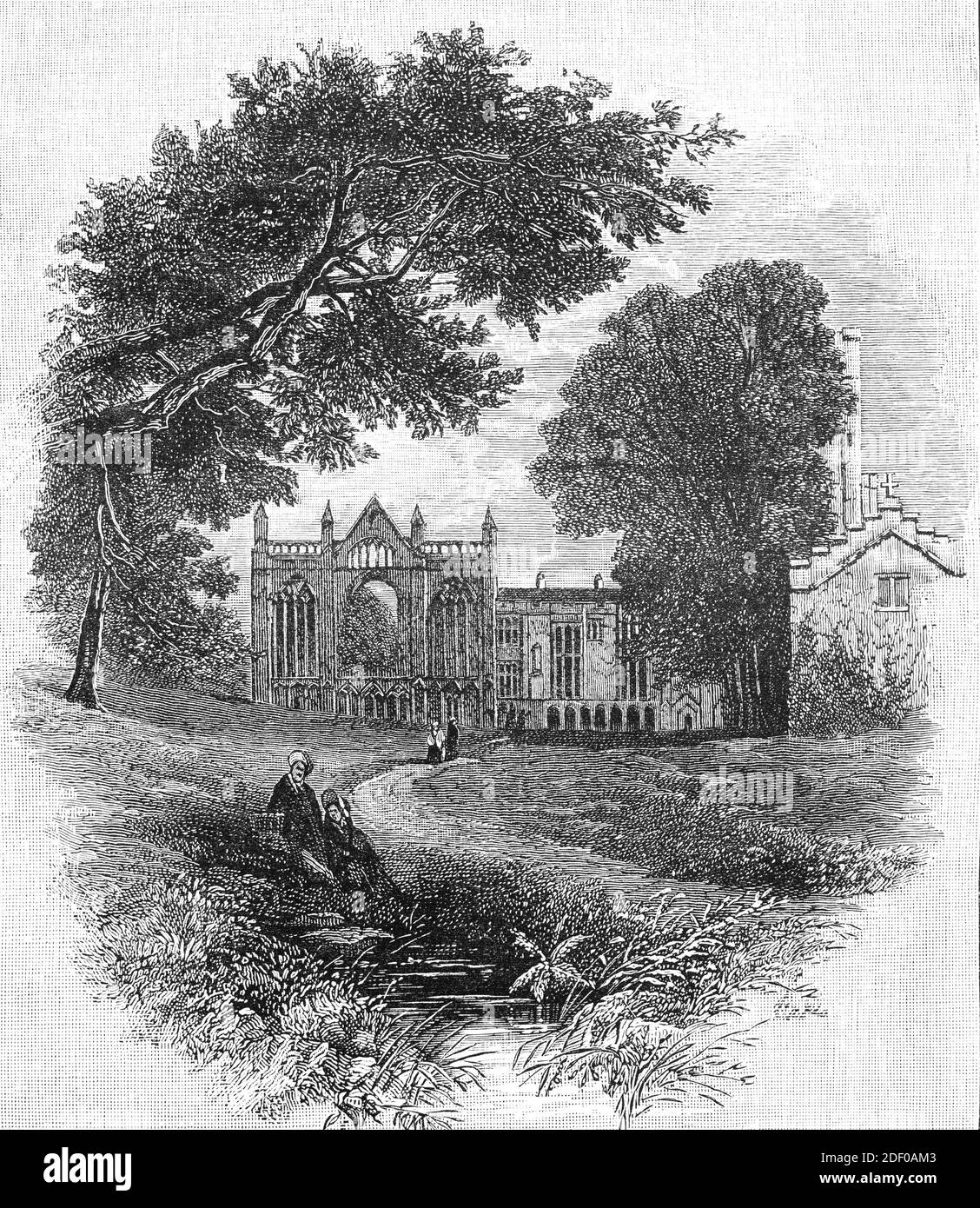 A 19th Century view of Newstead Abbey, in Nottinghamshire, England. Formerly it was an Augustinian priory founded by King Henry II circa 1170, one of many penances he paid following the murder of Thomas Becket. Sir John Byron of Colwick in Nottinghamshire was granted Newstead Abbey by Henry VIII of England on 26 May 1540 and started its conversion into a country house following the Dissolution of the Monasteries, it is now best known as the ancestral home of Lord Byron. Stock Photo