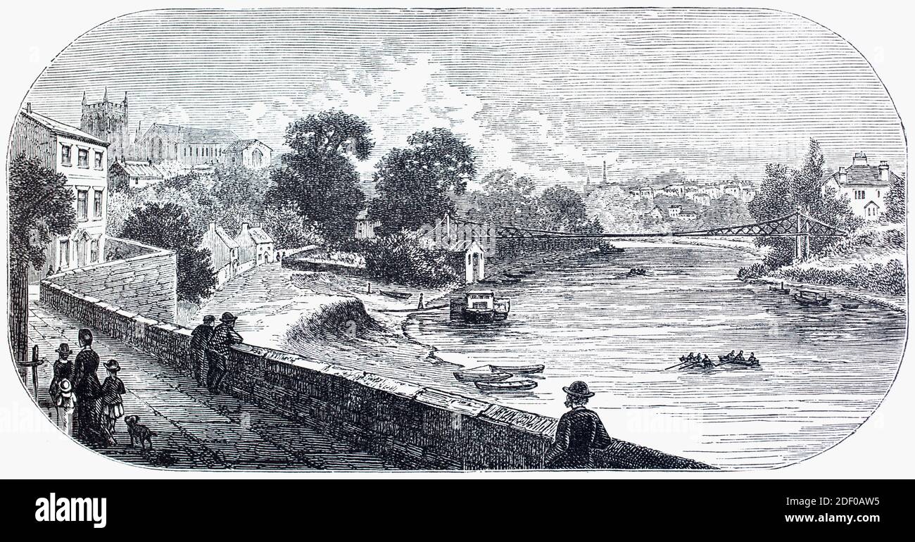 A 19th Century view of the River Dee from the city walls of Chester, Cheshire, England, on the River Dee. The walls were started by the Romans when they established the fortress of Deva Victrix between 70 and 80 AD. Originally a rampart of earth and turf surmounted by a wooden palisade, around 100 AD they were reconstructed using sandstone and completed over 100 years later. After the Norman conquest, the walls were extended to the west and the south to form a complete circuit of the medieval city. The circuit was probably complete by the middle of the 12th century. Stock Photo