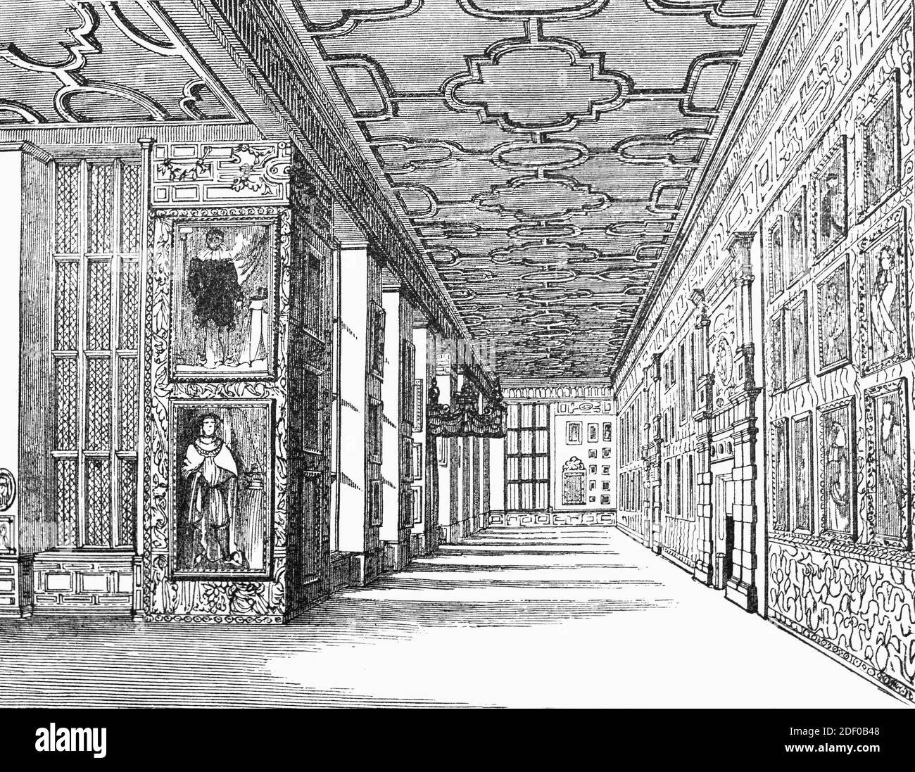 A 19th Century view of the portrait gallery in Hardwick Hall an example of the Elizabethan prodigy house in Derbyshire, England. It was built between 1590 and 1597 for the formidable Bess of Hardwick, the richest woman in England after Queen Elizabeth I, a conspicuous statement of her wealth and power.  After Bess's death in 1608, the house passed to her son William Cavendish, 1st Earl of Devonshire. The Devonshires made Chatsworth, another of Bess's great houses, their principal seat and Hardwick was relegated to the role of an occasional retreat for hunting and sometime dower house. Stock Photo