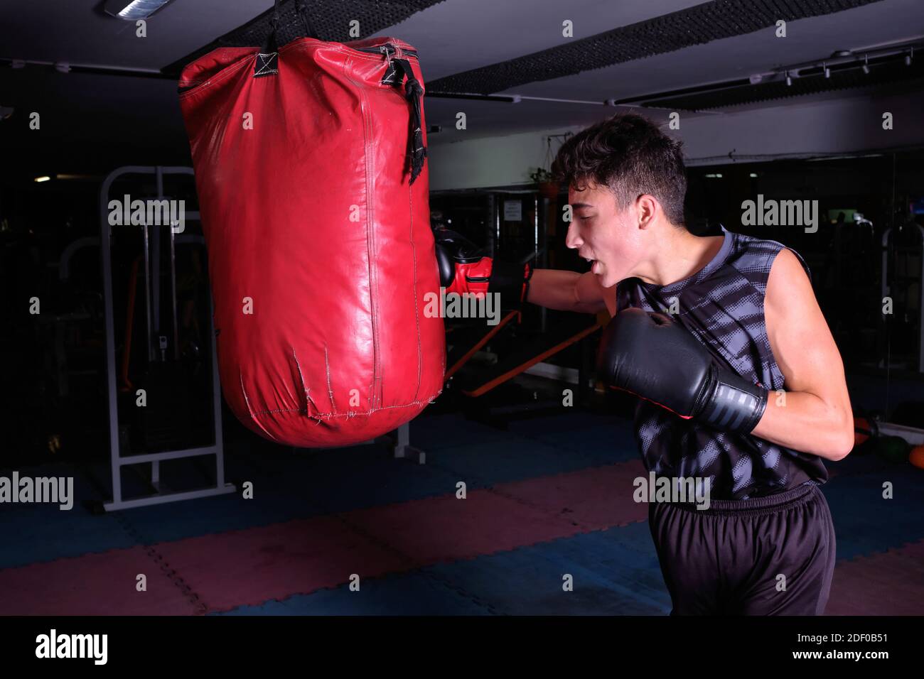 White boxer using a red punching bag in a boxing gym Stock Photo - Alamy