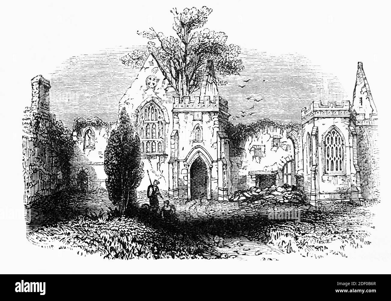 A 19th Century view of the ruins of Wingfield Manor, built in 1441 for the Treasurer to Henry VI, Sir Ralph Cromwell, near the village of South Wingfield,  Derbyshire, England. John Talbot, the second Earl of Shrewsbury, bought the property and his successors maintained the manor for the next two hundred years. At the time of the English Civil War, the manor was in the hands of Philip Herbert, 4th Earl of Pembroke, a Parliament supporter. The manor was taken by the Royalists in 1643 and then, after a short siege, retaken by Parliament in August 1644. Several large siege engines destroyed part. Stock Photo