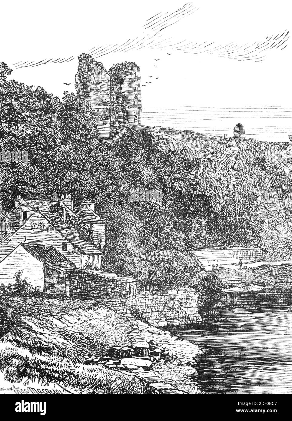 A 19th Century view of Knaresborough Castle, a ruined fortress first built by a Norman baron in c. 1100 on a cliff above the River Nidd in the town of Knaresborough, North Yorkshire, England. The castle was rebuilt between 1307 and 1312 by Edward I and later completed by Edward II, including the great keep.   Philippa of Hainault took possession of the castle in 1331, and her son, John of Gaunt acquired the castle in 1372, adding it to the vast holdings of the Duchy of Lancaster. The castle was taken by Parliamentarian troops in 1644 during the Civil War, and largely destroyed in 1648 because Stock Photo