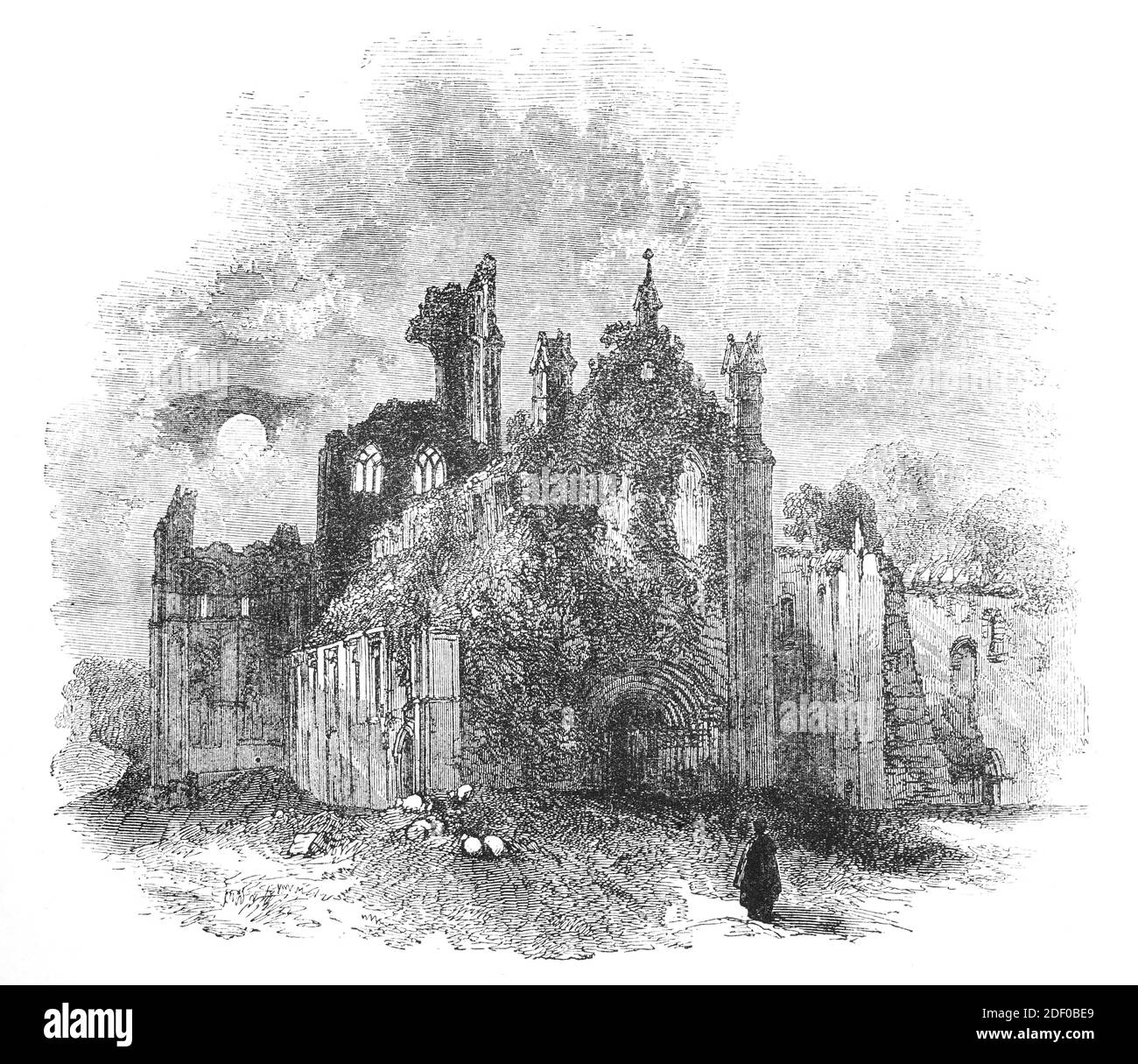 A 19th Century view of Kirkstall Abbey, a ruined Cistercian monastery in Kirkstall, in West Yorkshire, England. It was founded around 1150, and  disestablished during the Dissolution of the Monasteries under Henry VIII. The picturesque ruins have been drawn and painted by J.M.W. Turner, Thomas Girtin and John Sell Cotman. Stock Photo