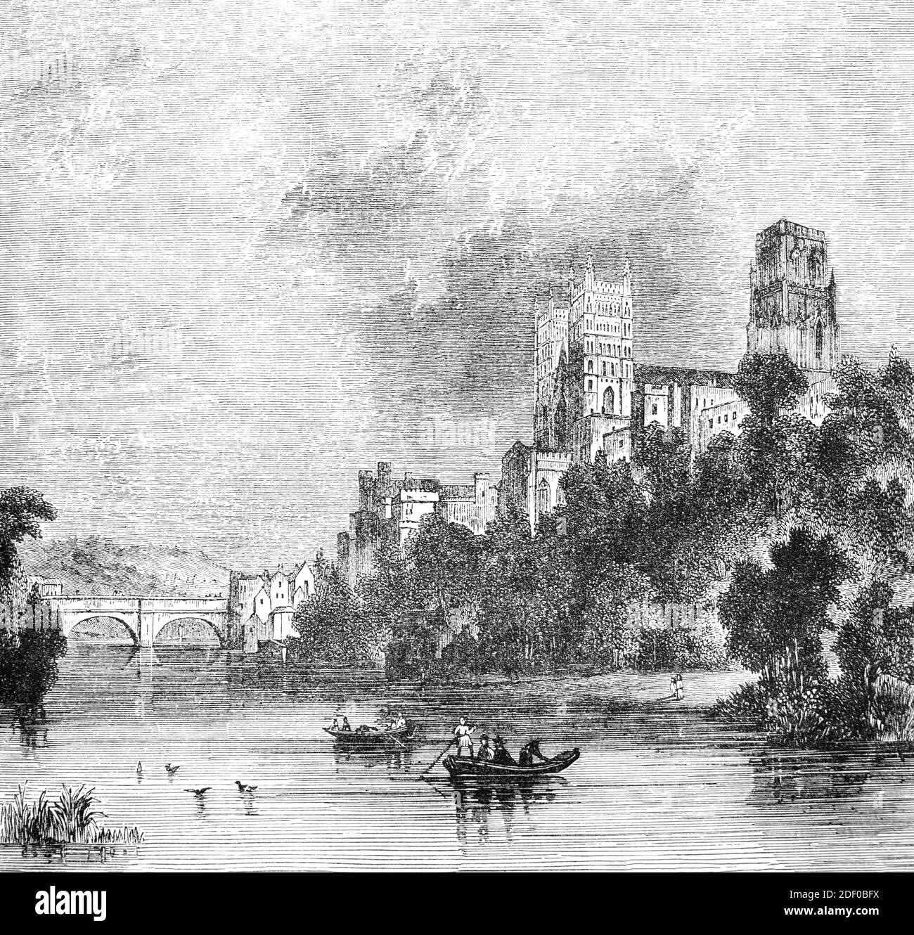 A 19th Century view of the River Wear overlooked by Durham Cathedral in County Durham in the north east of England.  The Cathedral Church of Christ, Blessed Mary the Virgin and St Cuthbert of Durham, commonly referred to as Durham Cathedral was founded in its present form in AD 1093. Generally regarded as one of the finest Romanesque cathedrals in Europe, the cathedral houses the shrine and related treasures of Cuthbert of Lindisfarne and is also home to the head of St Oswald of Northumbria and the remains of the Venerable Bede. Stock Photo