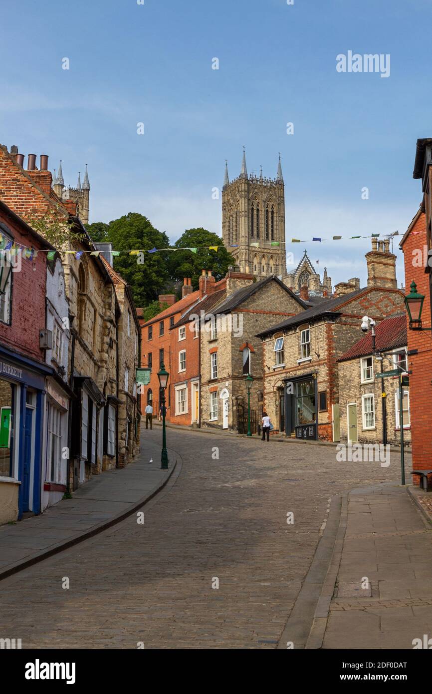 General view up Steep Hill towards Lincoln Cathedral, Lincoln, Lincolnshire, UK. Stock Photo