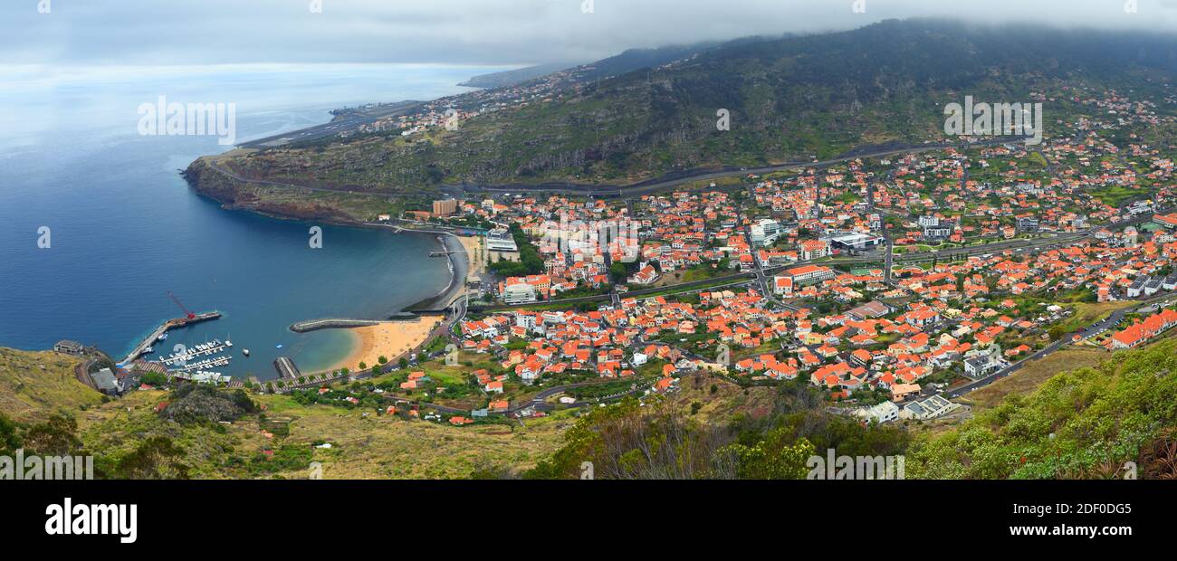 Panoramic view of Machico in Madeira with beach port and airport. Stock Photo
