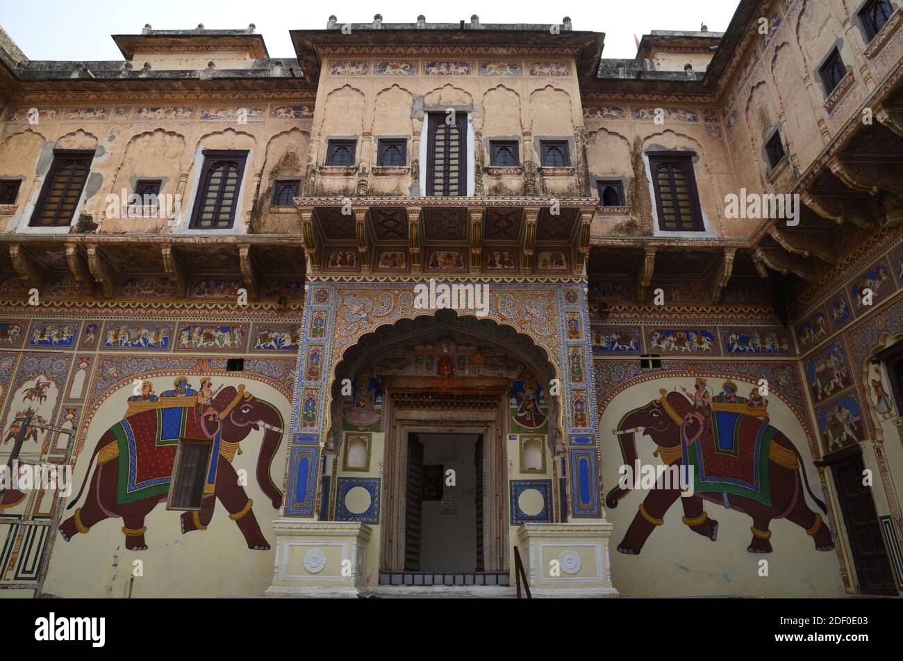 Beautiful elephant paintings on the walls of a haveli house in the