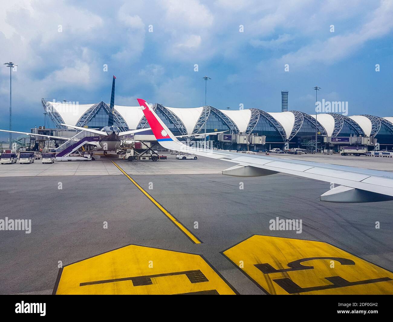 Nepal Airlines plane landing on Bangkok Suvarnabhumi Airport Amphoe