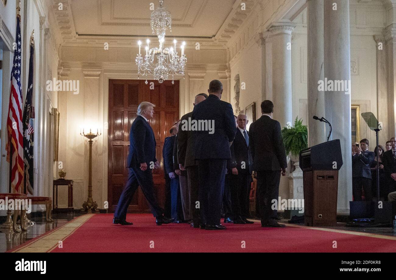 President Donald Trump arrives to deliver remarks on the Iraqi-Iranian situation in the Grand Foyer at the White House in Washington, DC on Wednesday, January 8, 2020. Trump responded to the Iranian missile attacks on U.S.-Iraqi airbases in Iraq. Photo by Tasos Katopodis/Pool/ABACAPRESS.COM Stock Photo