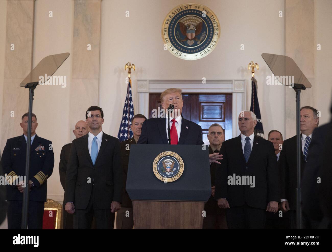 President Donald Trump delivers remarks on the Iraqi-Iranian situation in the Grand Foyer at the White House in Washington, DC on Wednesday, January 8, 2020. Trump responded to the Iranian missile attacks on U.S.-Iraqi airbases in Iraq. Photo by Tasos Katopodis/Pool/ABACAPRESS.COM Stock Photo