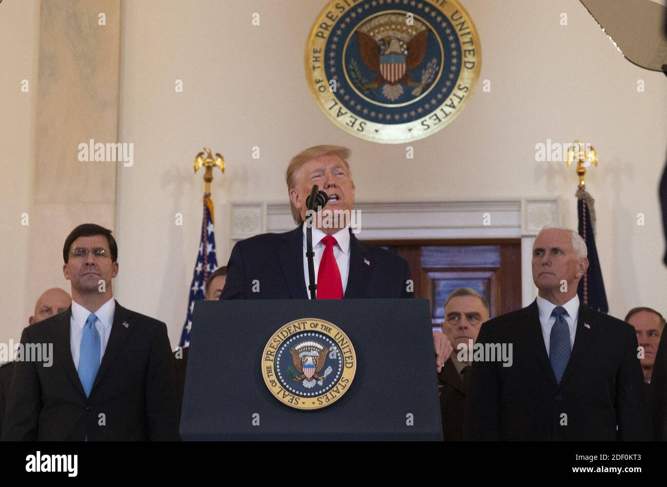 President Donald Trump delivers remarks on the Iraqi-Iranian situation in the Grand Foyer at the White House in Washington, DC on Wednesday, January 8, 2020. Trump responded to the Iranian missile attacks on U.S.-Iraqi airbases in Iraq. Photo by Tasos Katopodis/Pool/ABACAPRESS.COM Stock Photo