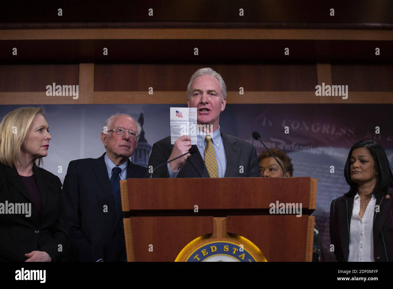 United States Senator Chris Van Hollen (Democrat of Maryland) delivers remarks alongside United States Senator Bernie Sanders (Independent of Vermont), United States Representative Ro Khanna (Democrat of California), United States Representative Barbara Lee (Democrat of California), United States Representative Pramila Jayapal (Democrat of Washington), United States Senator Kirsten Gillibrand (Democrat of New York), United States Senator Patrick Leahy (Democrat of Vermont), and United States Senator Maria Cantwell (Democrat of Washington) during a press conference on Capitol Hill in Washington Stock Photo