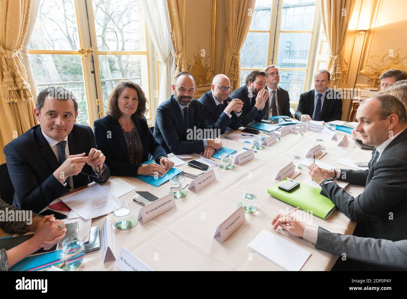 French Prime Minister Edouard Philippe, French High Commissioner for Pension  Reform Laurent Pietraszewski and Laurent Berger (CFDT) at Matignon Palace  for a meeting on the reform of pensions in Paris, France on