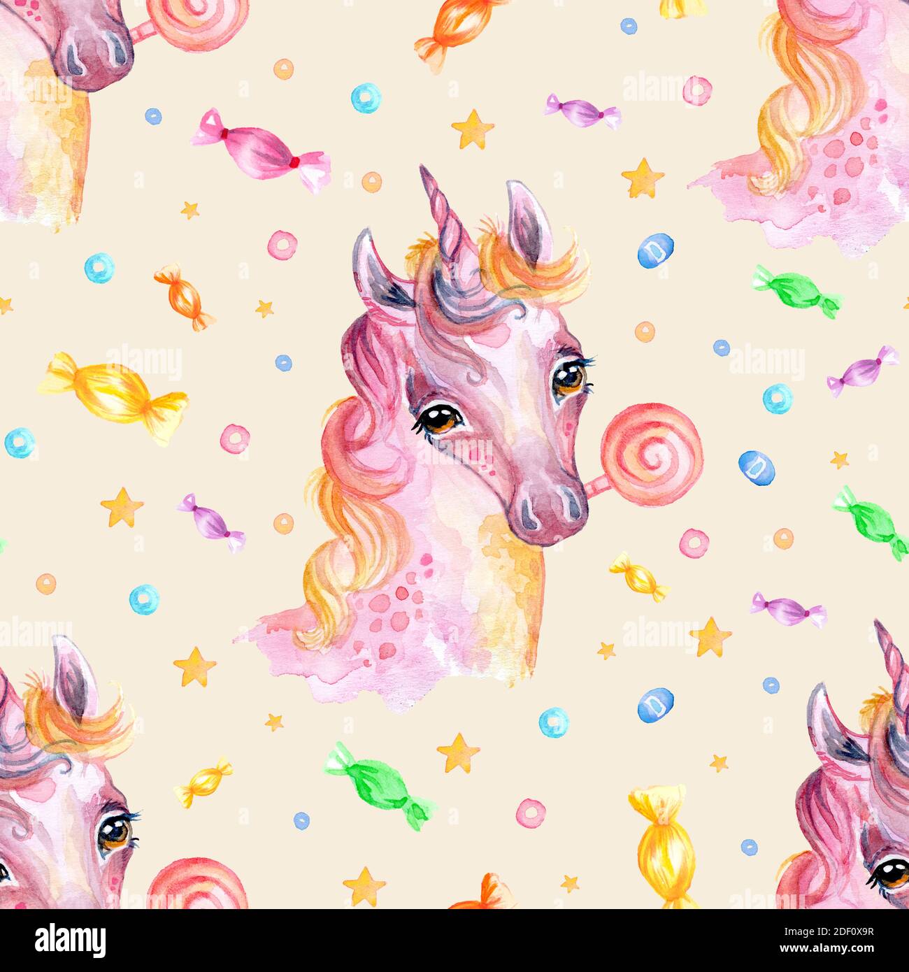 Cute pink unicorn with colorful candies isolated on sunlight ...