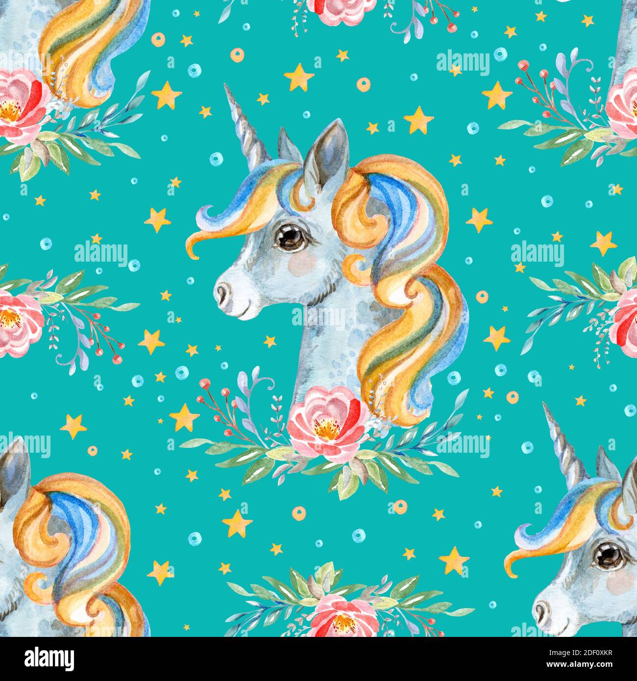 Cute unicorn with rose flower and stars isolated on turquoise background. Watercolor seamless pattern. Illustration for party, print, fabric, wallpape Stock Photo