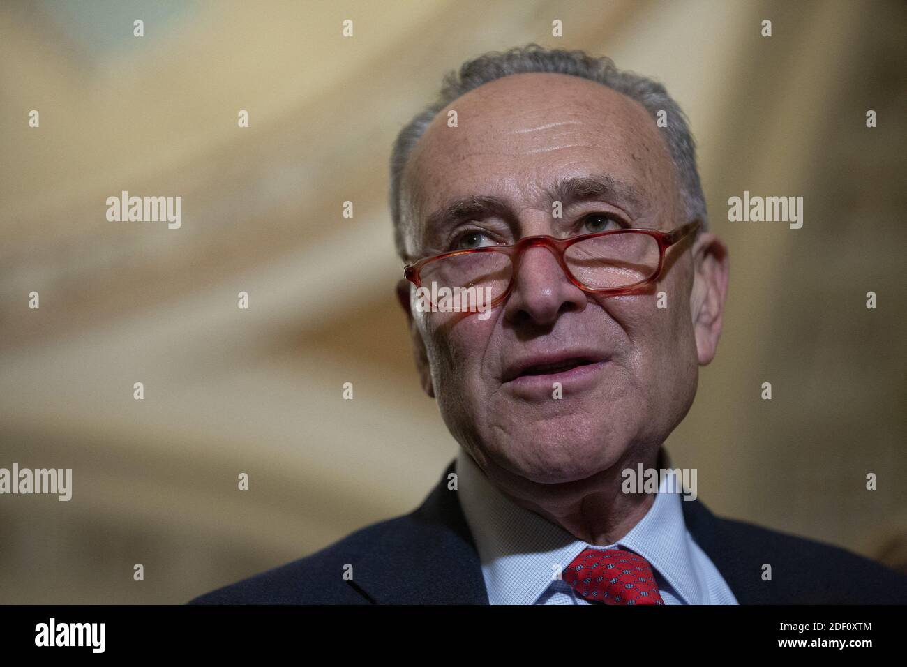 United States Senate Minority Leader Chuck Schumer (Democrat of New York) speaks to members of the media following policy luncheons at the United States Capitol in Washington, DC, USA, on Tuesday, January 14, 2020. The Senate is preparing for the impeachment trial of United States President Donald J. Trump, after Speaker of the United States House of Representatives Nancy Pelosi (Democrat of California) stated today that she will send over the two articles on Wednesday. Photo by Stefani Reynolds/CNP/ABACAPRESS.COM Stock Photo