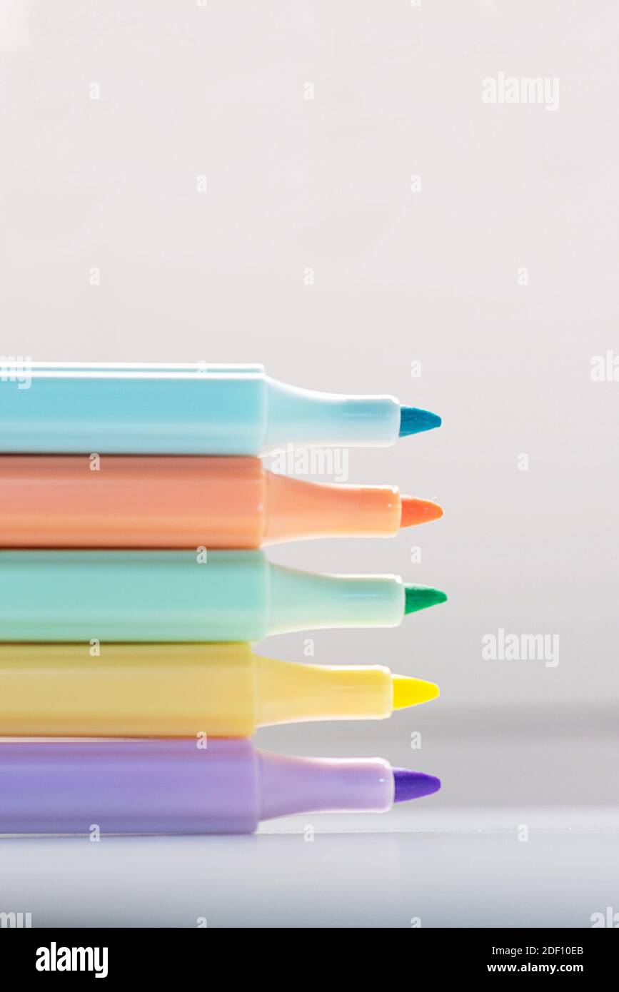 Five lined pastel colored marker pens Stock Photo Alamy