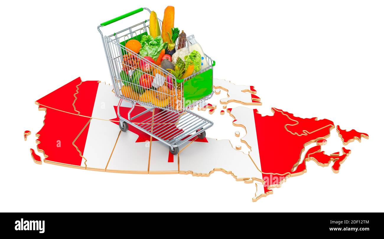 Purchasing power in Canada concept. Shopping cart with Canadian map, 3D
