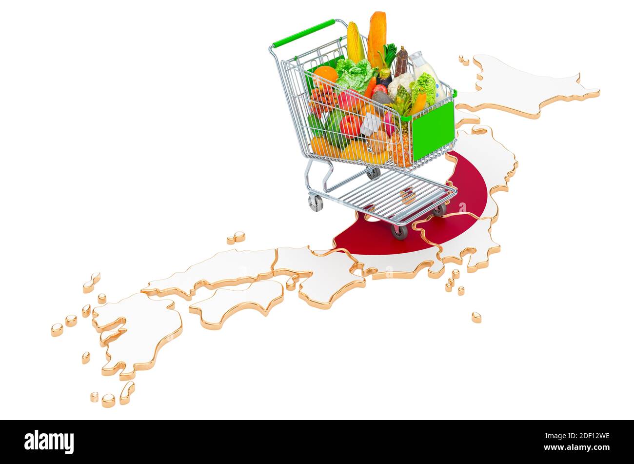 Purchasing power in Japan concept. Shopping cart with Japanese map, 3D rendering isolated on white background Stock Photo