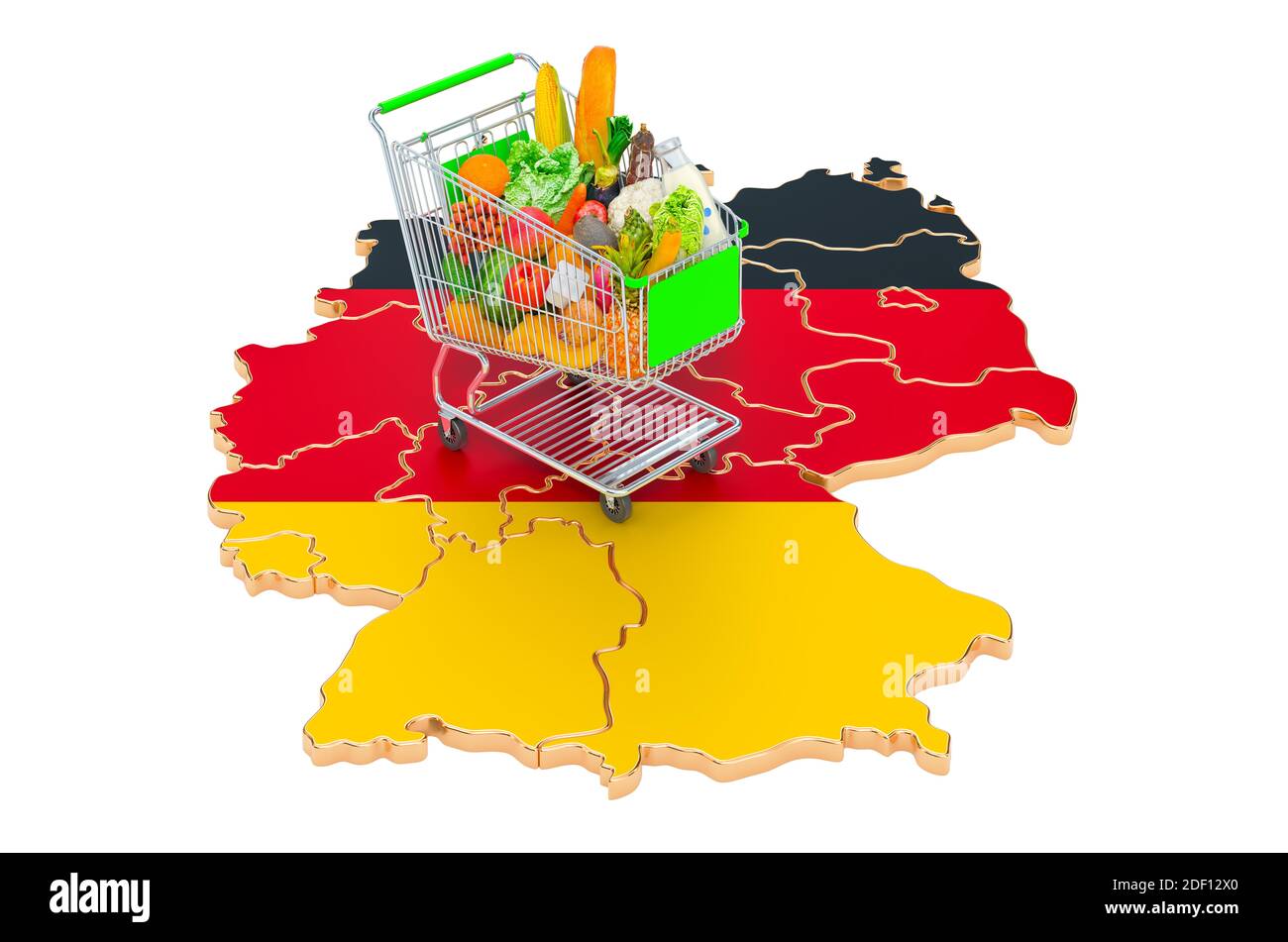 Purchasing power in Germany concept. Shopping cart with German map, 3D