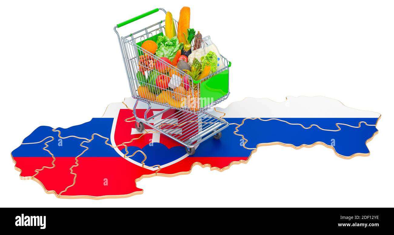 Purchasing power in Slovakia concept. Shopping cart with Slovak map, 3D rendering isolated on white background Stock Photo