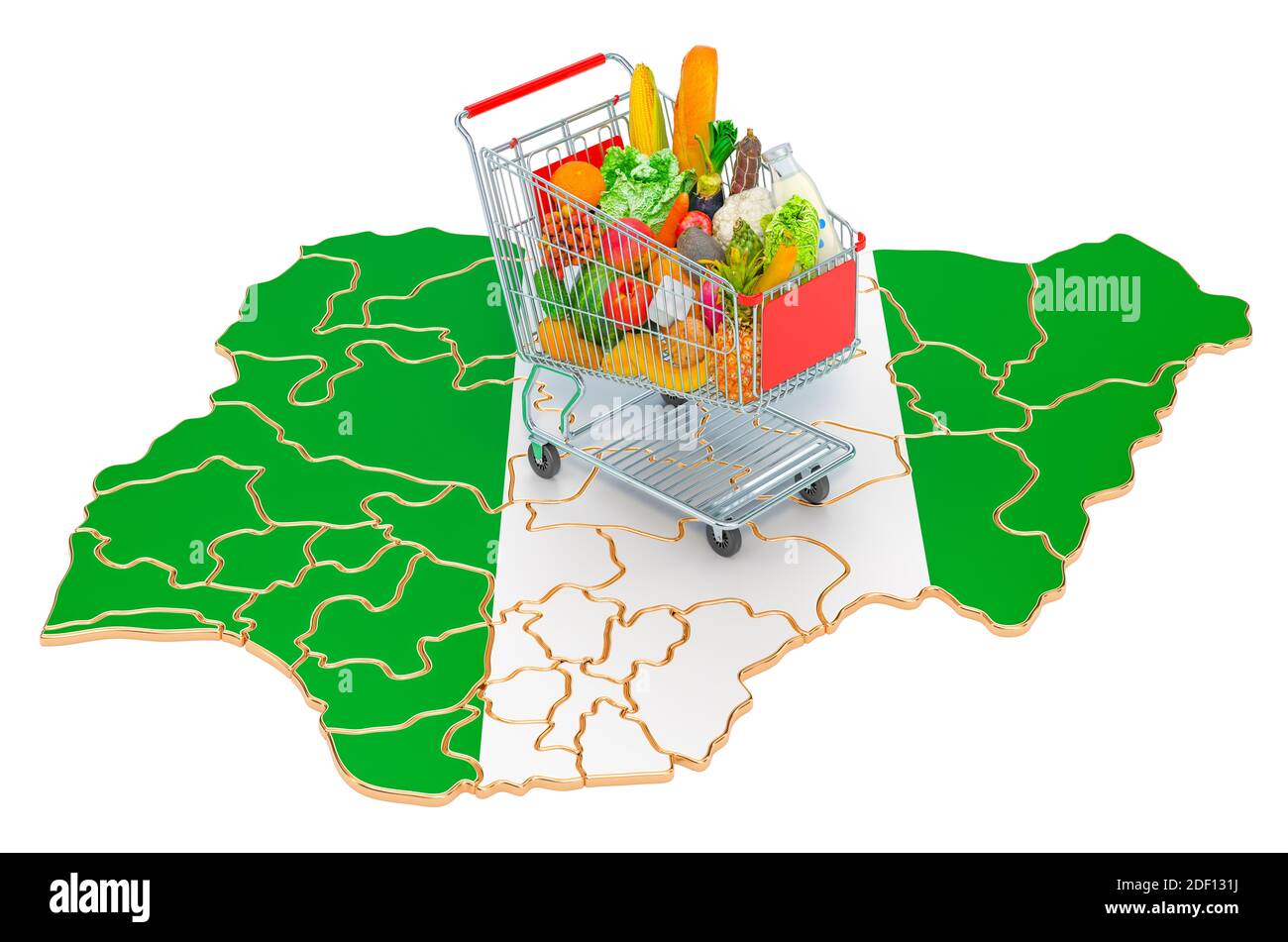 Purchasing power in Nigeria concept. Shopping cart with Nigerian map