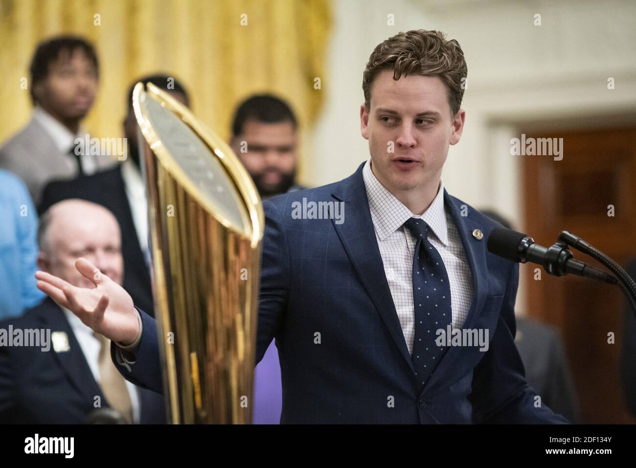 Joe Burrow, quarterback of the Louisiana State University football team, speaks as U.S. President Donald Trump, not pictured, hosts an event honoring the team in the East Room of the White House in Washington, D.C., U.S., on Friday Jan. 17, 2020. The team was invited to the White House in recognition of their winning the 2019 NCAA football championship on Monday. Photo by Al Drago/Pool/ABACAPRESS.COM Stock Photo