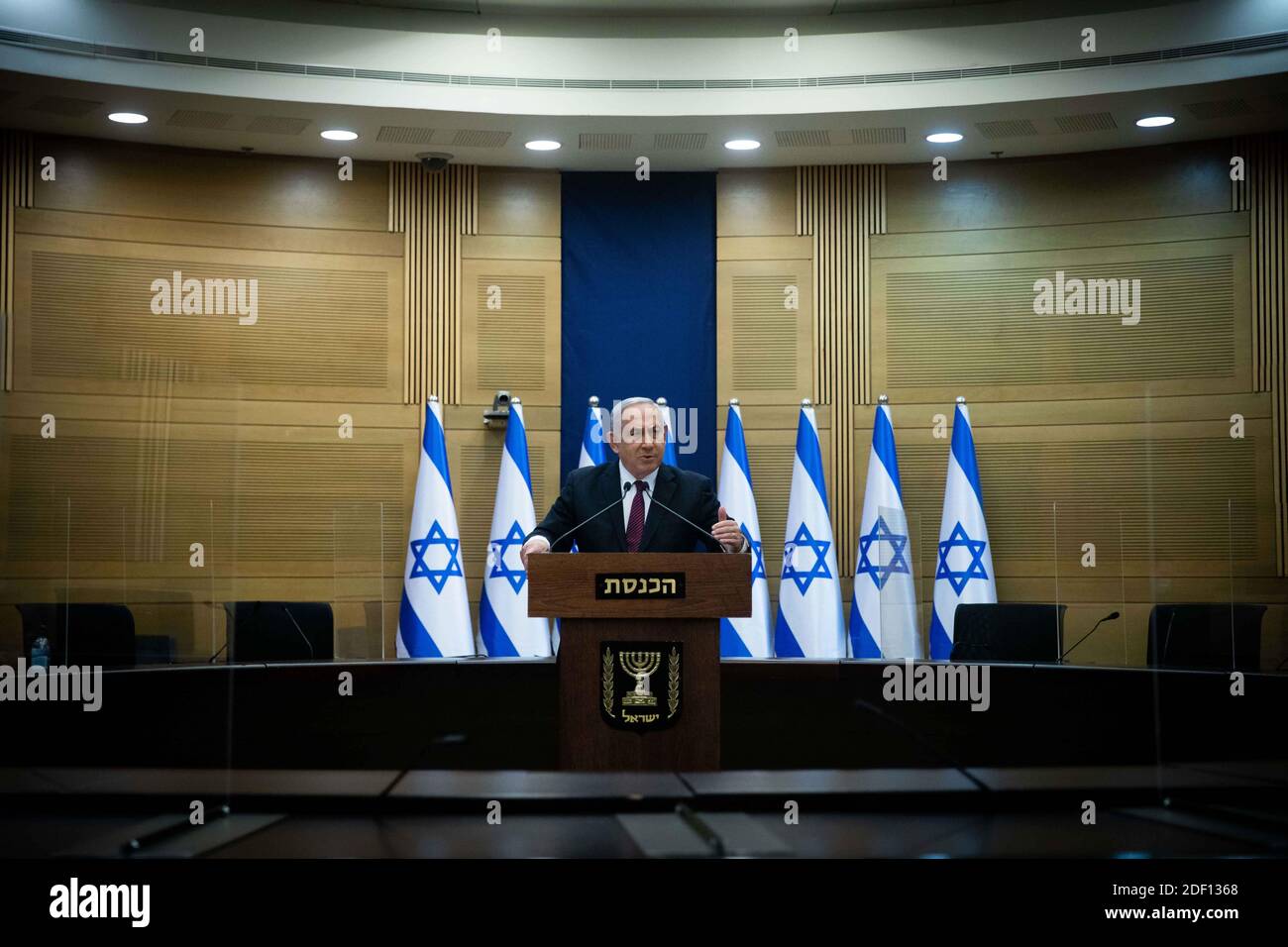 Jerusalem, Israel. 2nd Dec 2020. (201202) -- JERUSALEM, Dec. 2, 2020 (Xinhua) -- Israeli Prime Minister Benjamin Netanyahu delivers a statement at the Knesset, the Israeli parliament, in Jerusalem, on Dec. 2, 2020. Israeli lawmakers on Wednesday voted in a preliminary reading in favor of a bill to dissolve the parliament, amid a coalition crisis that could force an election within two years. (Yonatan Sindel/JINI via Xinhua) Credit: Xinhua/Alamy Live News Stock Photo