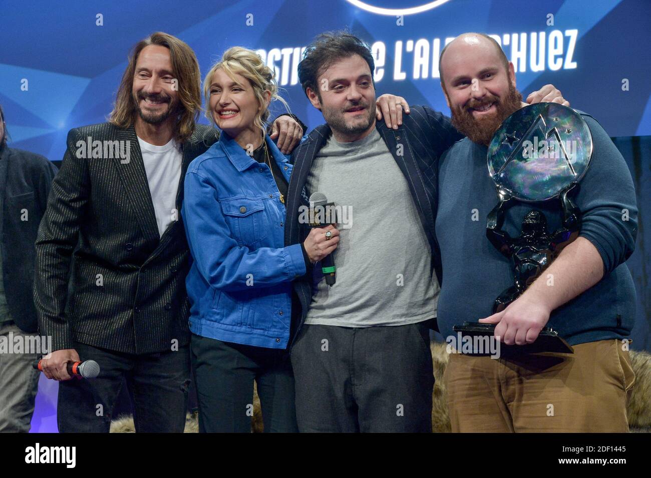 Caroline Anglade, Johann Dionnet, Marc Riso winning the Short Film Prize  and Bob Sinclar during the closing ceremony of the 23rd Comedy Film  Festival in L'Alpe d Huez, France on January 18,