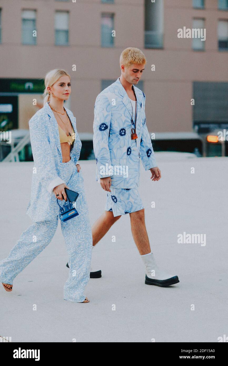 Street style, Caroline Daur and Marc Forne arriving at Jacquemus Fall