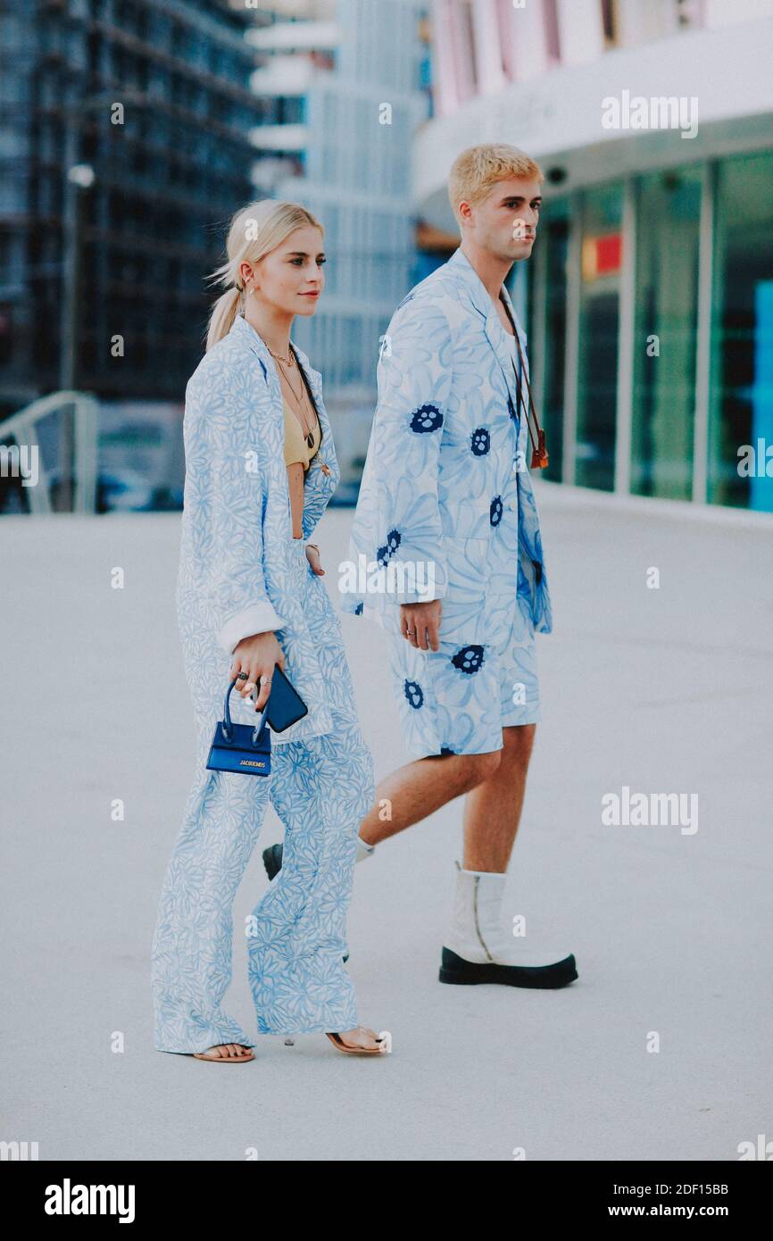 Street style, Caroline Daur and Marc Forne arriving at Jacquemus Fall