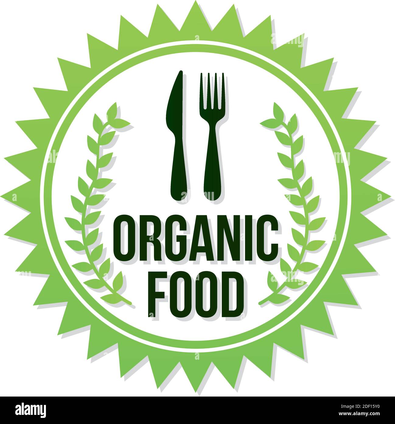 organic food letters with a fork and knife in the center on seal stamp Stock Vector