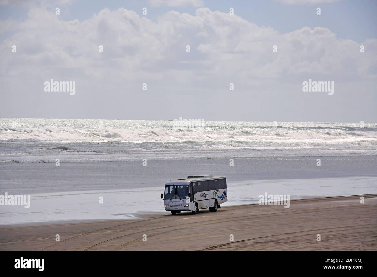 Tour bus driving on Ninety Mile Beach, Northland, North Island, New Zealand Stock Photo