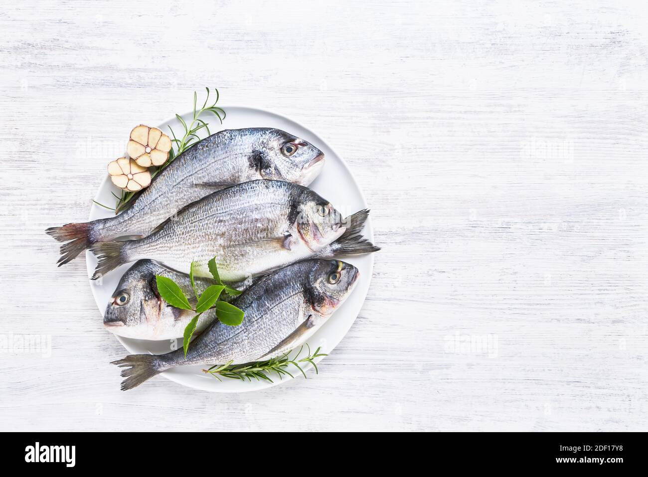 Four Fresh Royal Dorados on a dish on white wooden background. Healthy food concept. Top view, copy space. Mediterranean seafood concept. Stock Photo