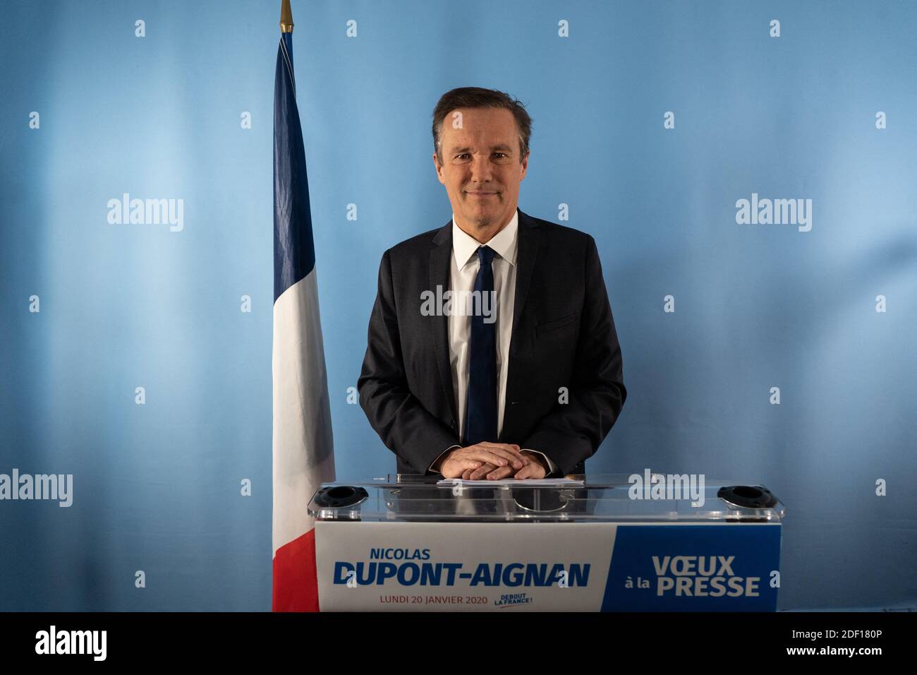 Nicolas Dupont-Aignan, president of Debout la France, presents his new year  wishes to the press ans calls for a 'republican and patriotic' primary in  2021 with a view to the 2022 presidential