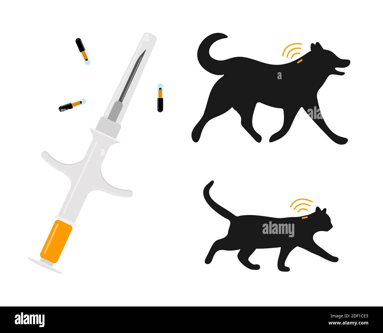 Pets microchipping concept. Syringe with microchips, dog and cat