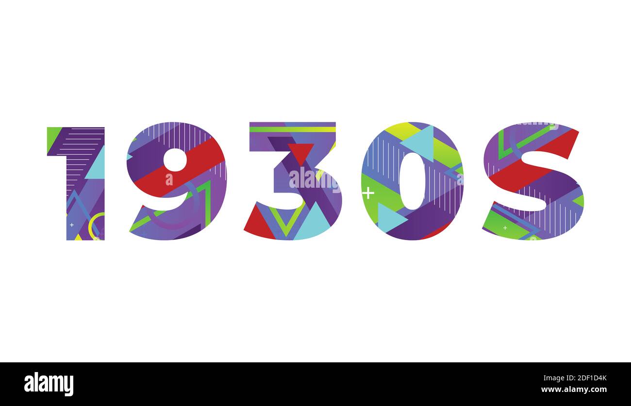 The word 1930s concept written in colorful retro shapes and colors