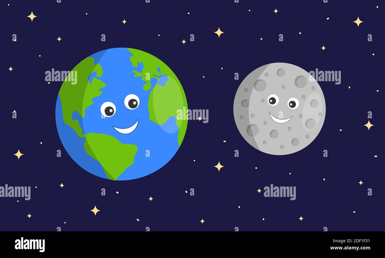 Cute Earth and Moon characters on dark sace starry background ...