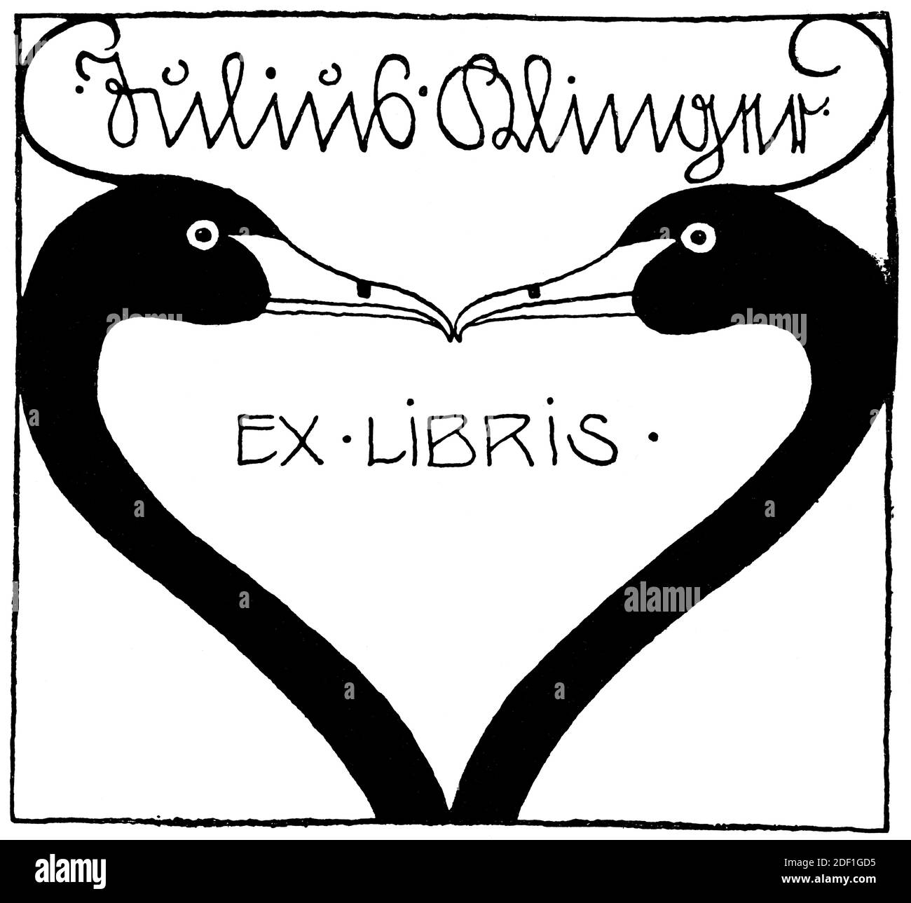 Ex Libris in the shape of a heart made from the heads and neck of a swan. Illustration of the 19th century. Germany. White background. Stock Photo