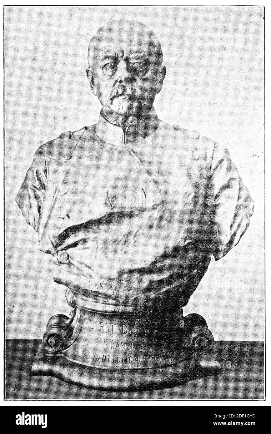 Bust of Otto von Bismarck by a German sculptor of Reinhold Begas. Illustration of the 19th century. White background. Stock Photo
