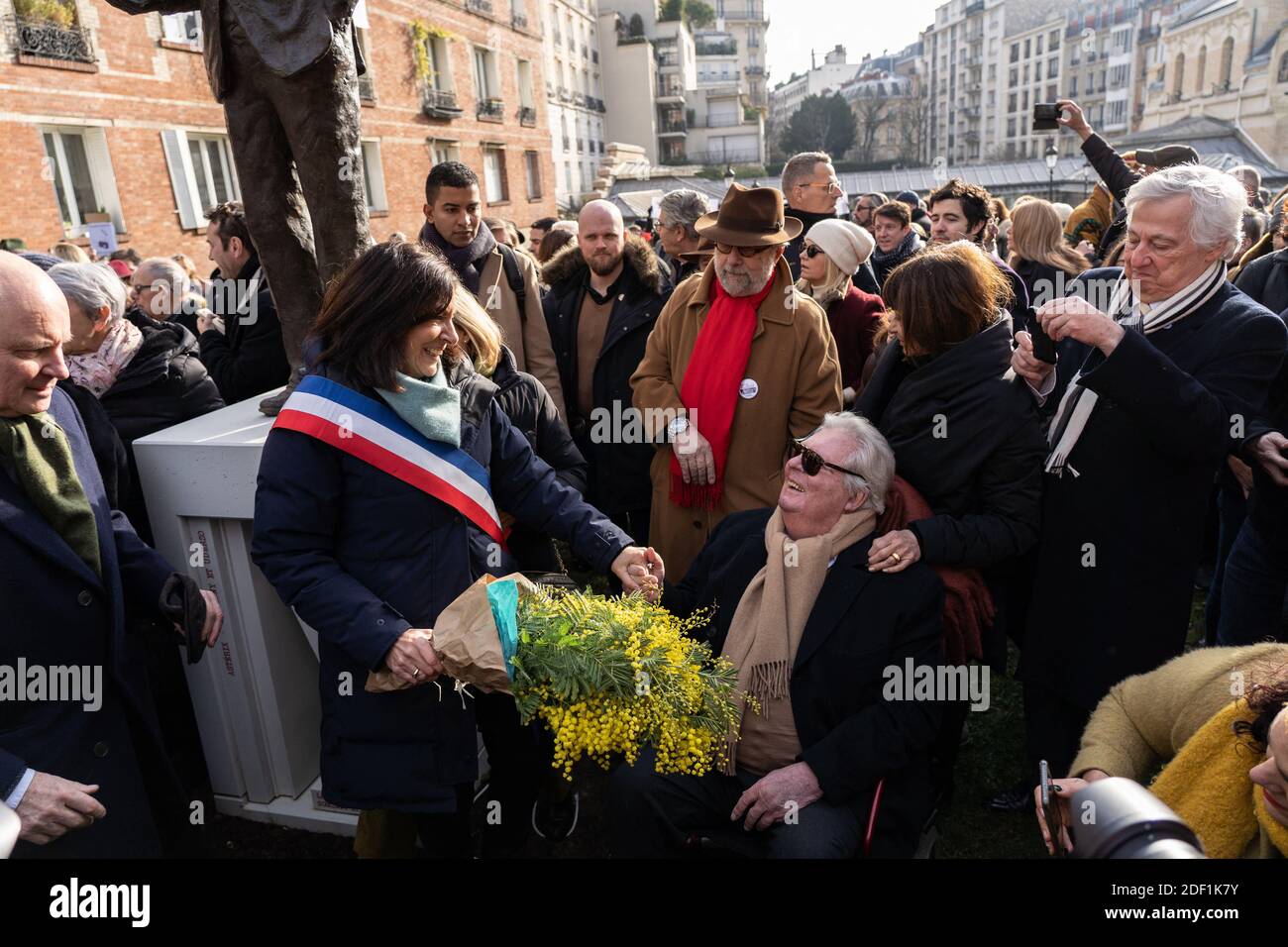 Anne Hidalgo, Mayor of Paris, and Jean-Jacques Sempé illustrator of the adventures of Little Nicholas during the unveiling of a statue of Rene Goscinny in Paris, France on January 23, 2020. Photo by Florent Bardos/ABACAPRESS.COM Stock Photo