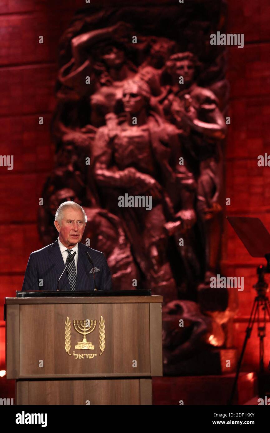 Prince Charles speaks during the Fifth World Holocaust Forum at the Yad Vashem Holocaust memorial museum in Jerusalem on January 23, 2020. Handout Photo by GPO/ABACAPRESS.COM Stock Photo