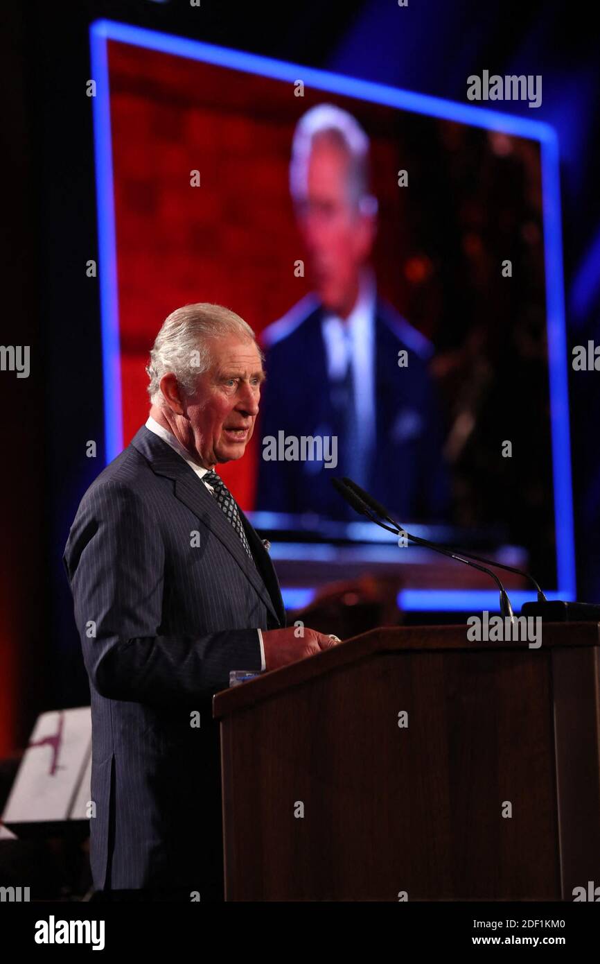 Prince Charles speaks during the Fifth World Holocaust Forum at the Yad Vashem Holocaust memorial museum in Jerusalem on January 23, 2020. Handout Photo by GPO/ABACAPRESS.COM Stock Photo