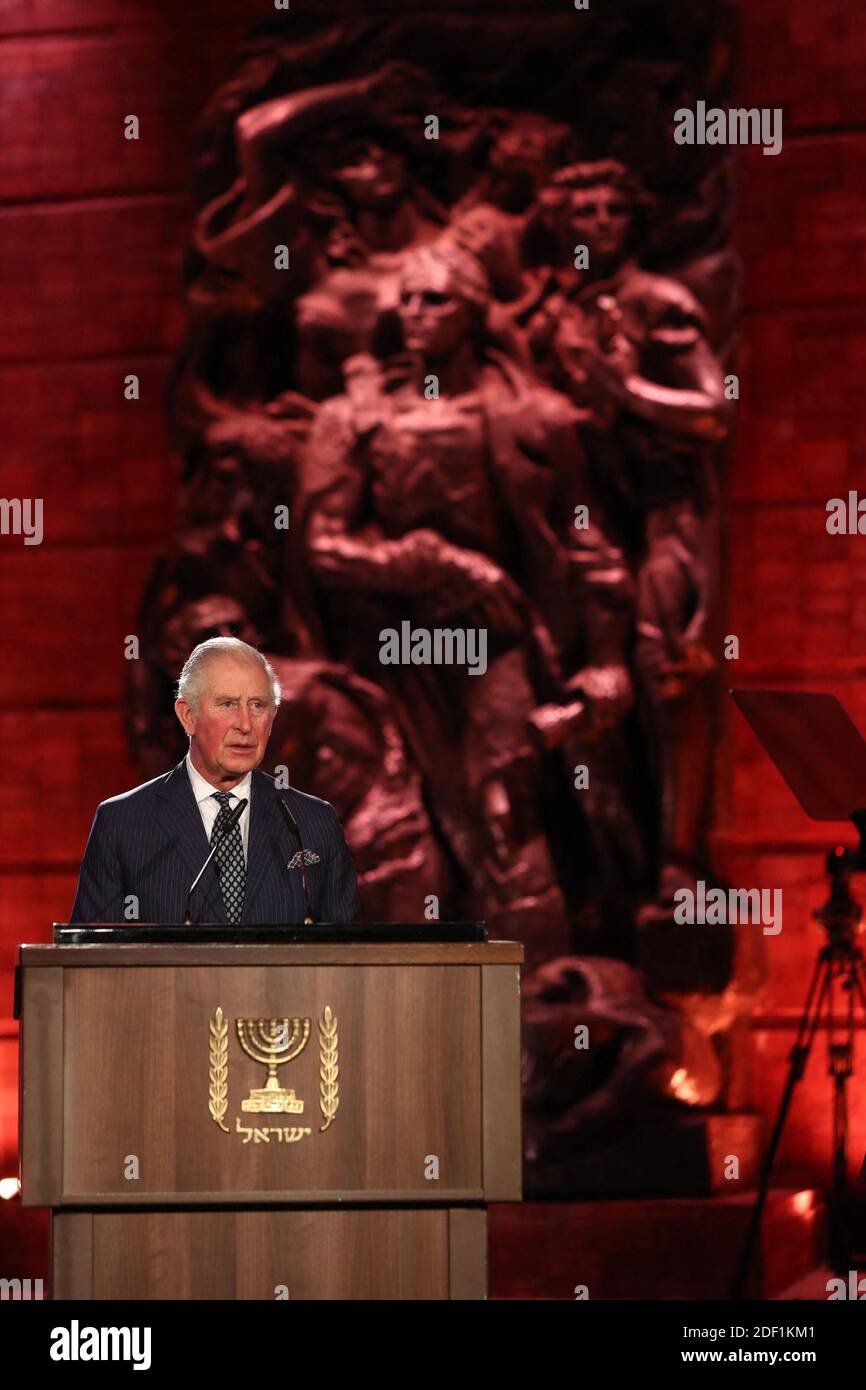 Prince Charles speaks during the Fifth World Holocaust Forum at the Yad Vashem Holocaust memorial museum in Jerusalem on January 23, 2020. Handout Photo by GPO/ABACAPRESS.COM Stock Photo