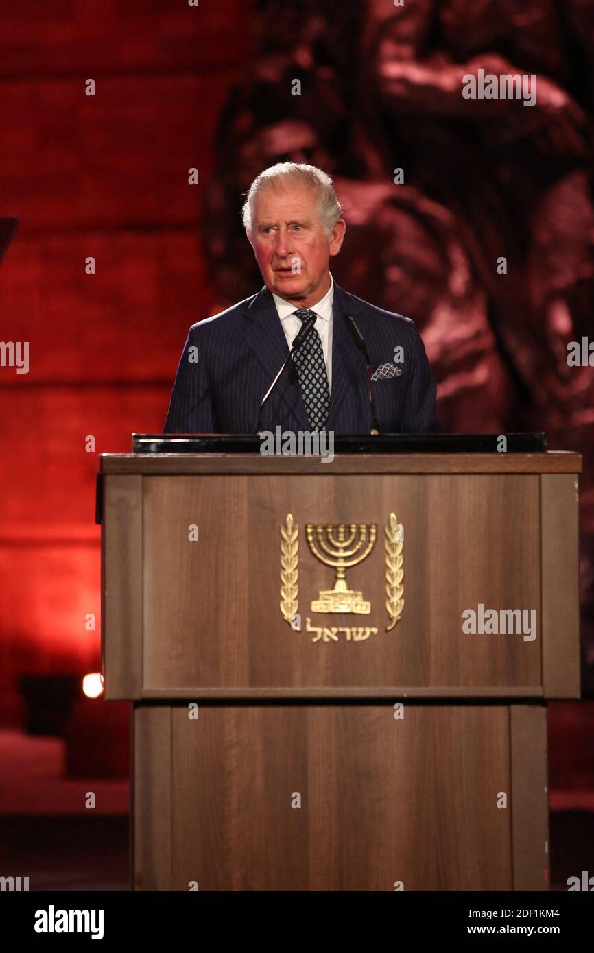 Prince Charles speaks during the Fifth World Holocaust Forum at the Yad Vashem Holocaust memorial museum in Jerusalem on January 23, 2020. Handout Photo by GPO/ABACAPRESS.COM Stock Photo
