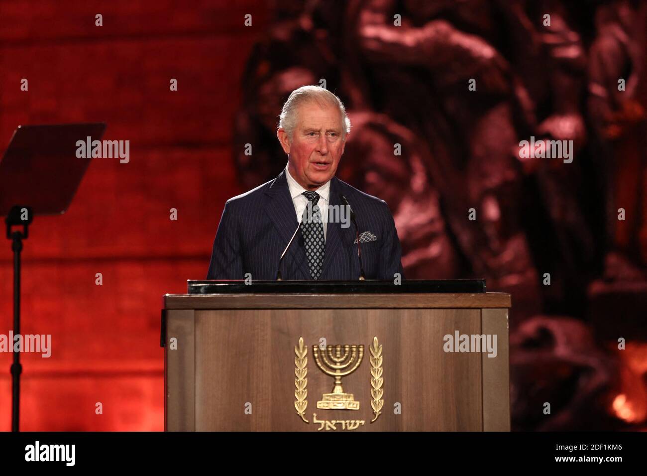 Prince Charles speaks during the Fifth World Holocaust Forum at the Yad Vashem Holocaust memorial museum in Jerusalem on January 23, 2020. Handout Photo by GPO/ABACAPRESS.COM Stock Photo